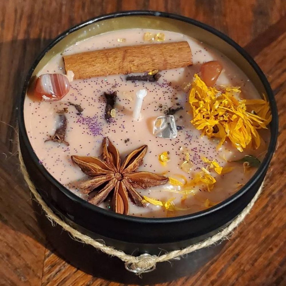 (8 oz) Fall/Samhain crystal infused Candle, Crystal Candle